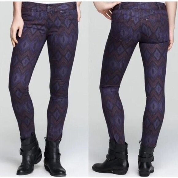 Free People Skinny Jeans Womens 27 Ikat Aztec Southwest Tribal Purple Denim Boho - Picture 6 of 8